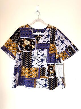 Denim & Co. Patchwork Print button up short sleeve blouseTop Sz XL NEW